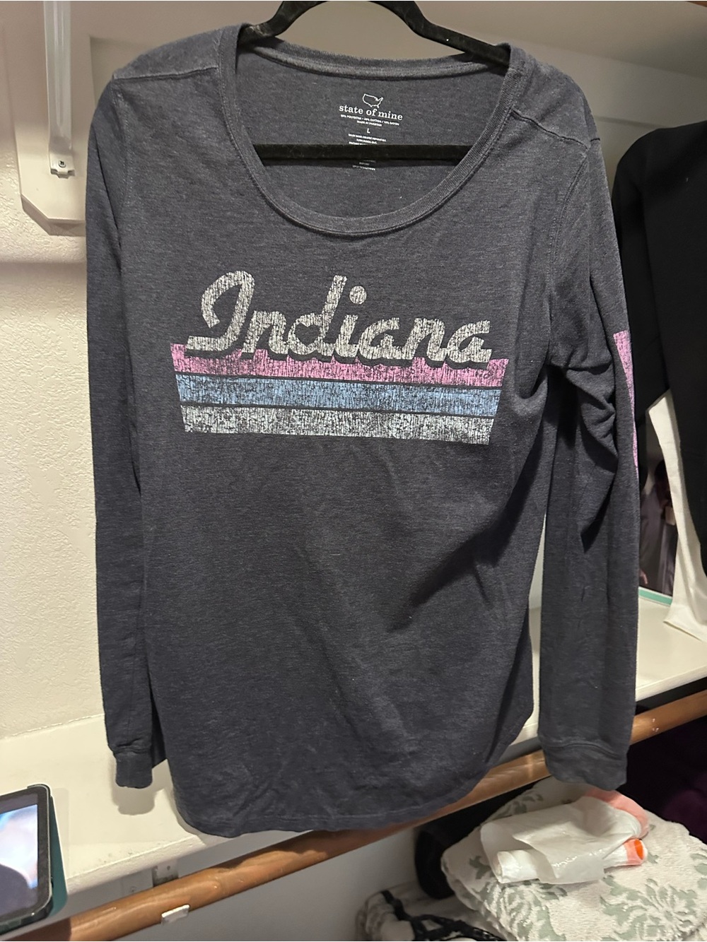 State of Mind Kids Long Sleeve Tee in Navy with Pink & Blue Stripes
